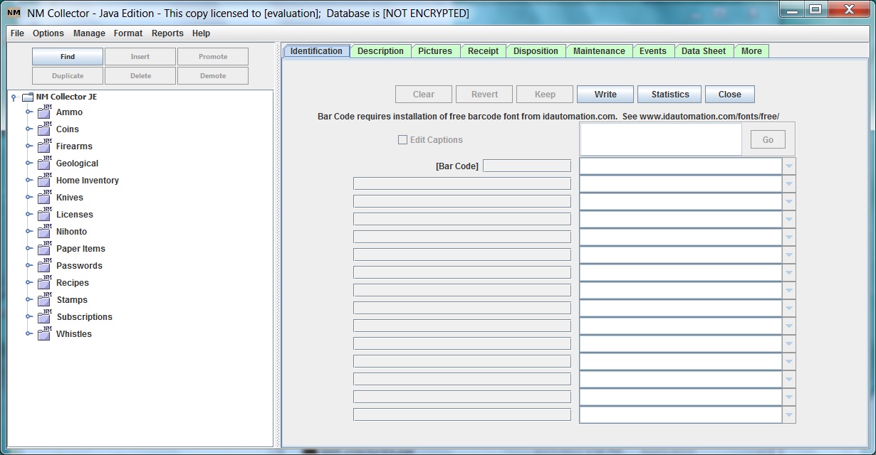 Enter Data initial page