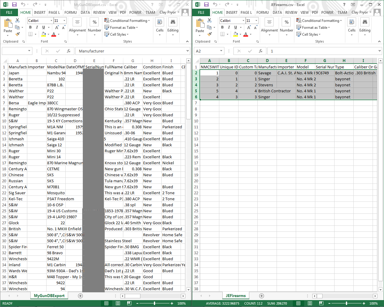 delete sample NM Collector Software Data from JEFirearms.csv step 2.