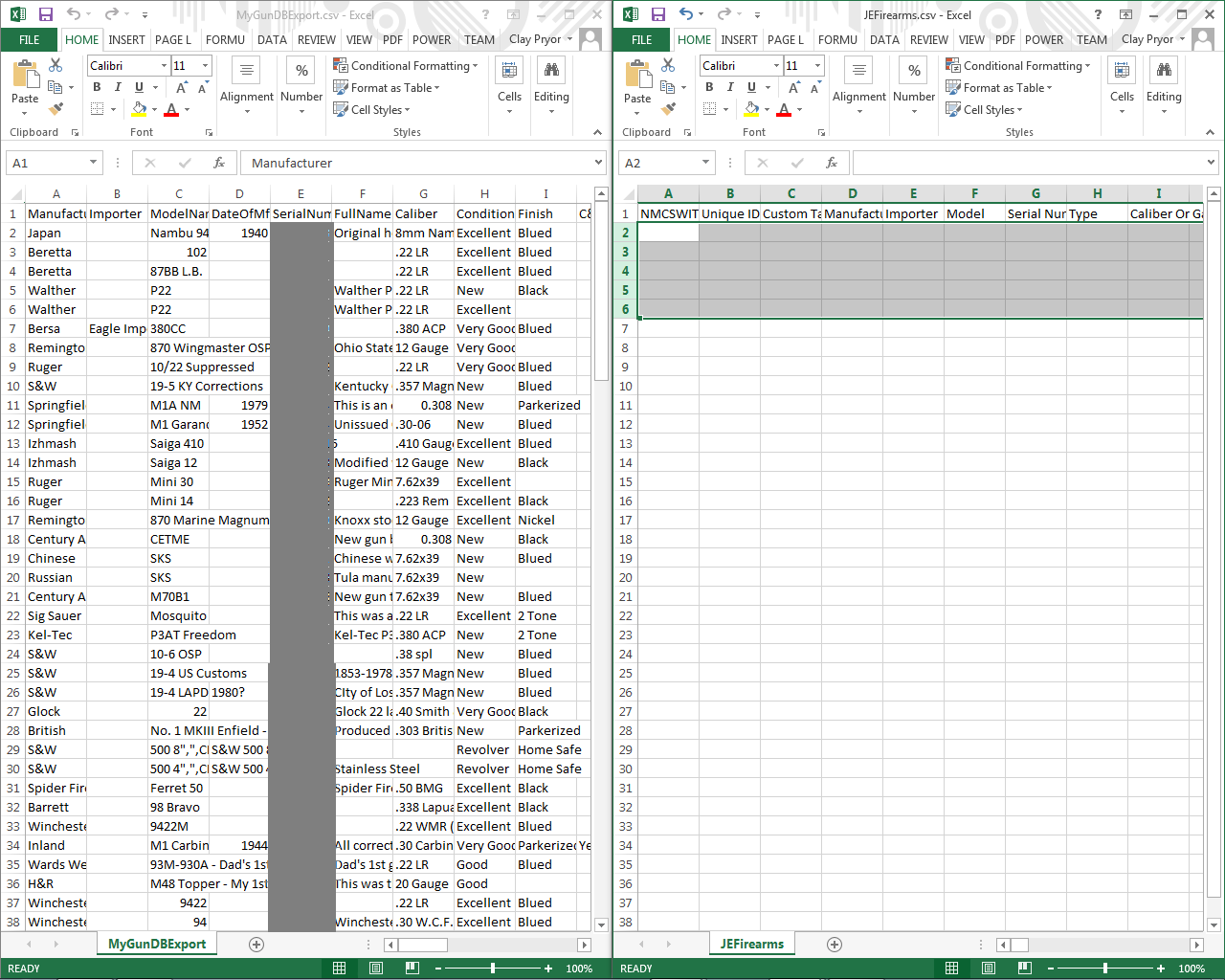 delete sample NM Collector Software Data from JEFirearms.csv step 3.