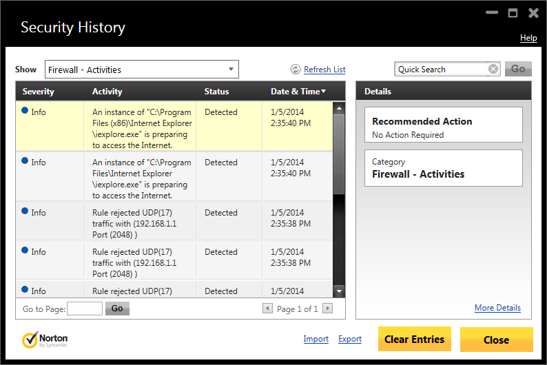 Norton Firewall Browser log entry