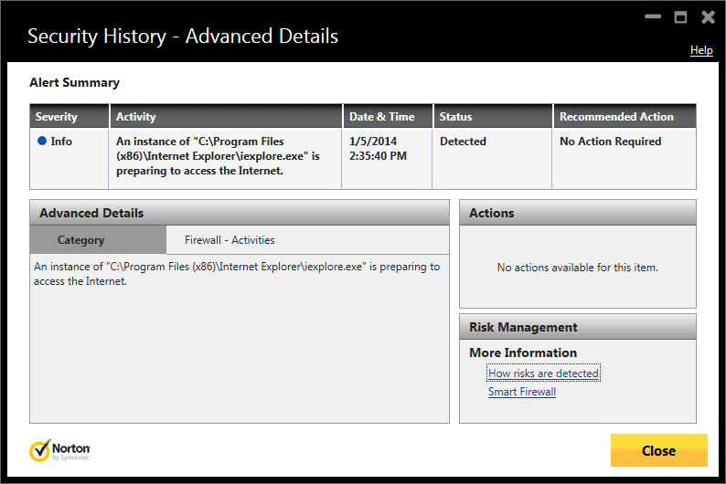 Norton Firewall Browser log entry