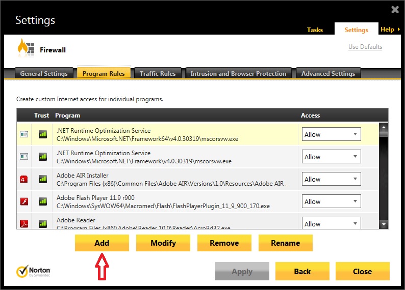 Norton Firewall Add Rul