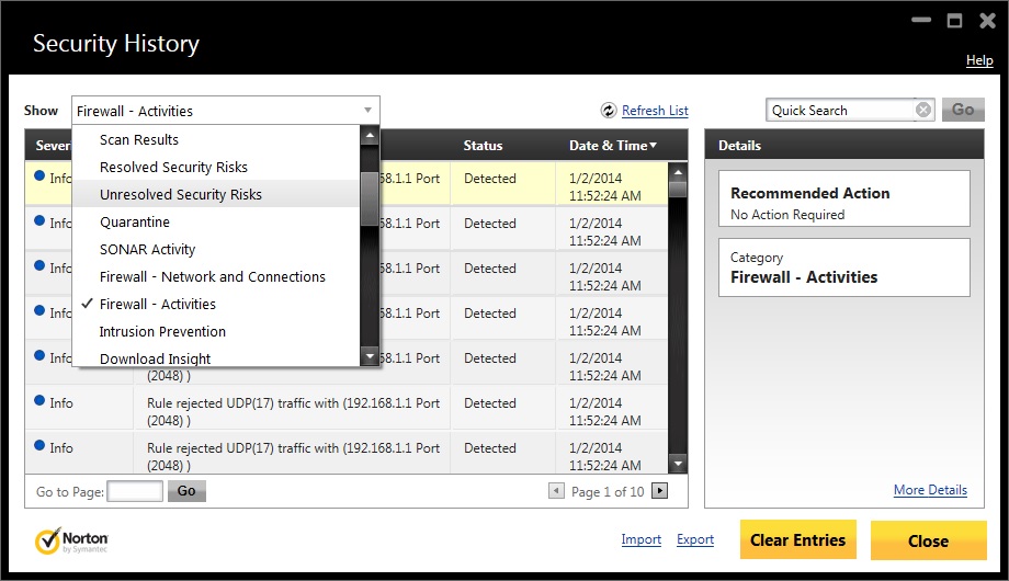 Norton Firewall Activities