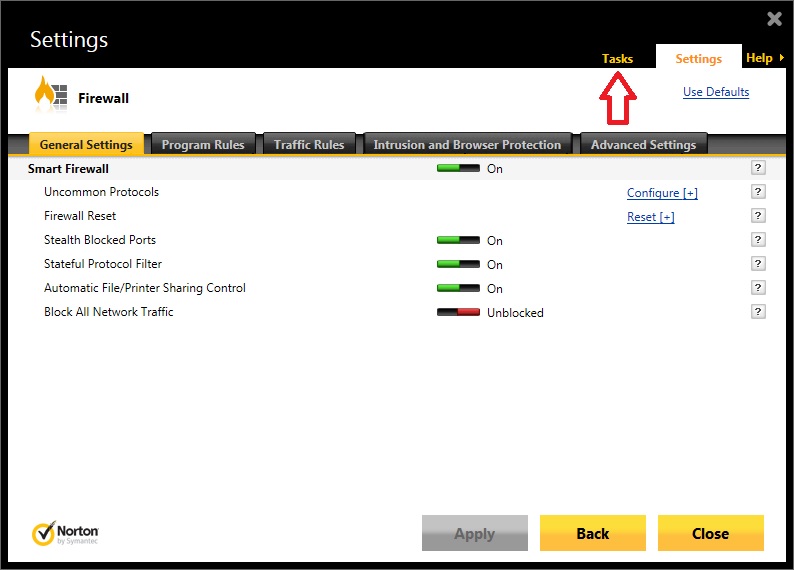 Norton Firewall Tasks Link